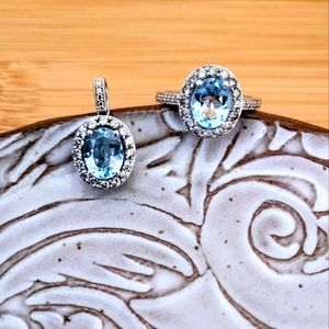 Sterling Silver, Aquamarine, and White Sapphire Ring and Pendant Set